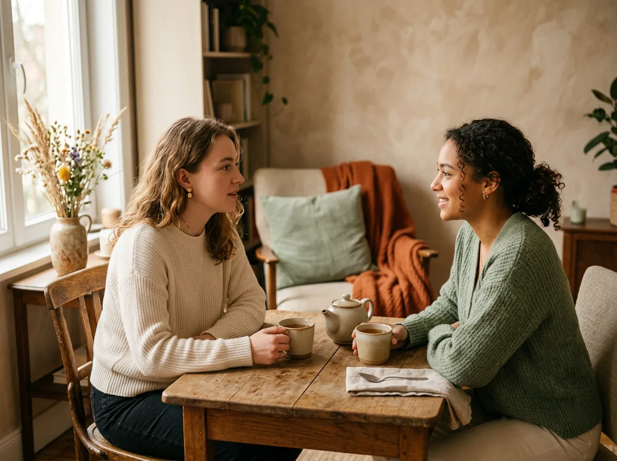 Two women talking over tea at a sunlit wooden table