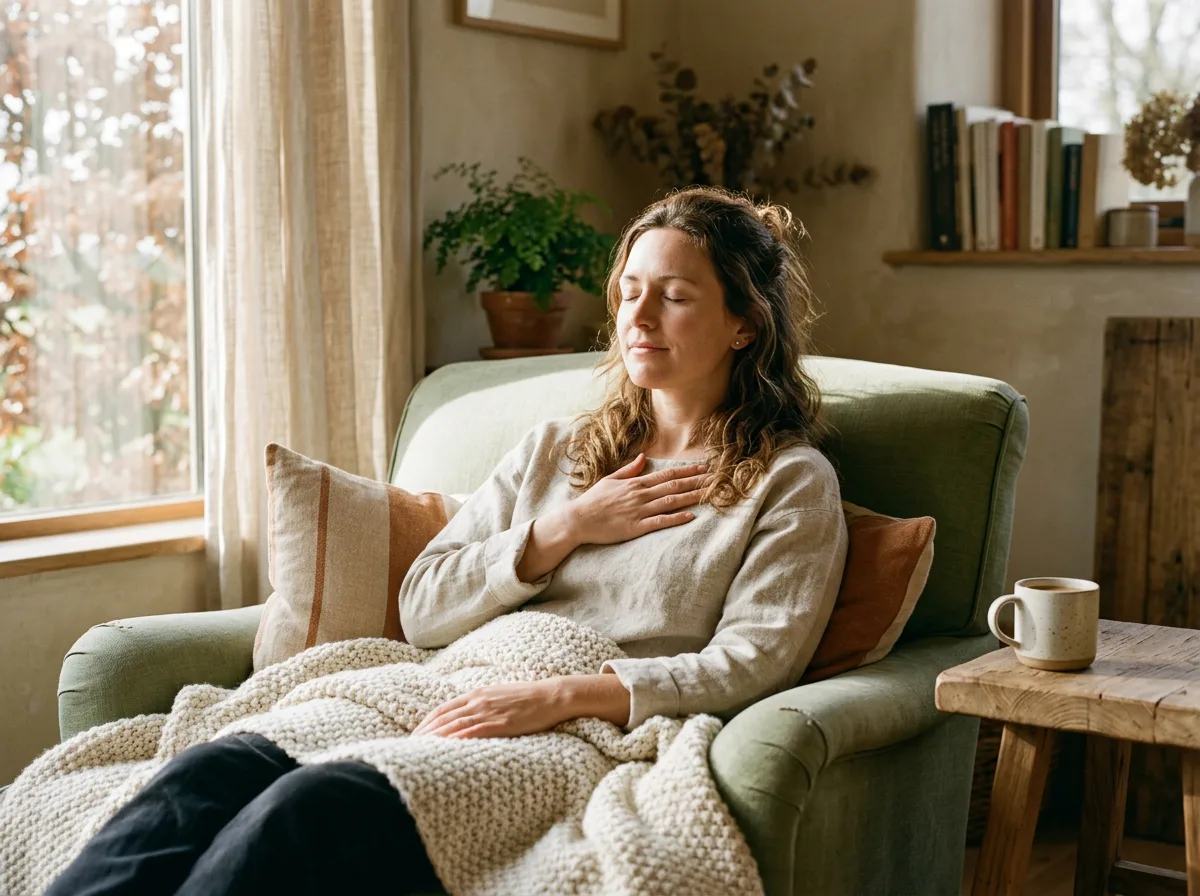 A woman resting her hand over her heart in a cozy armchair