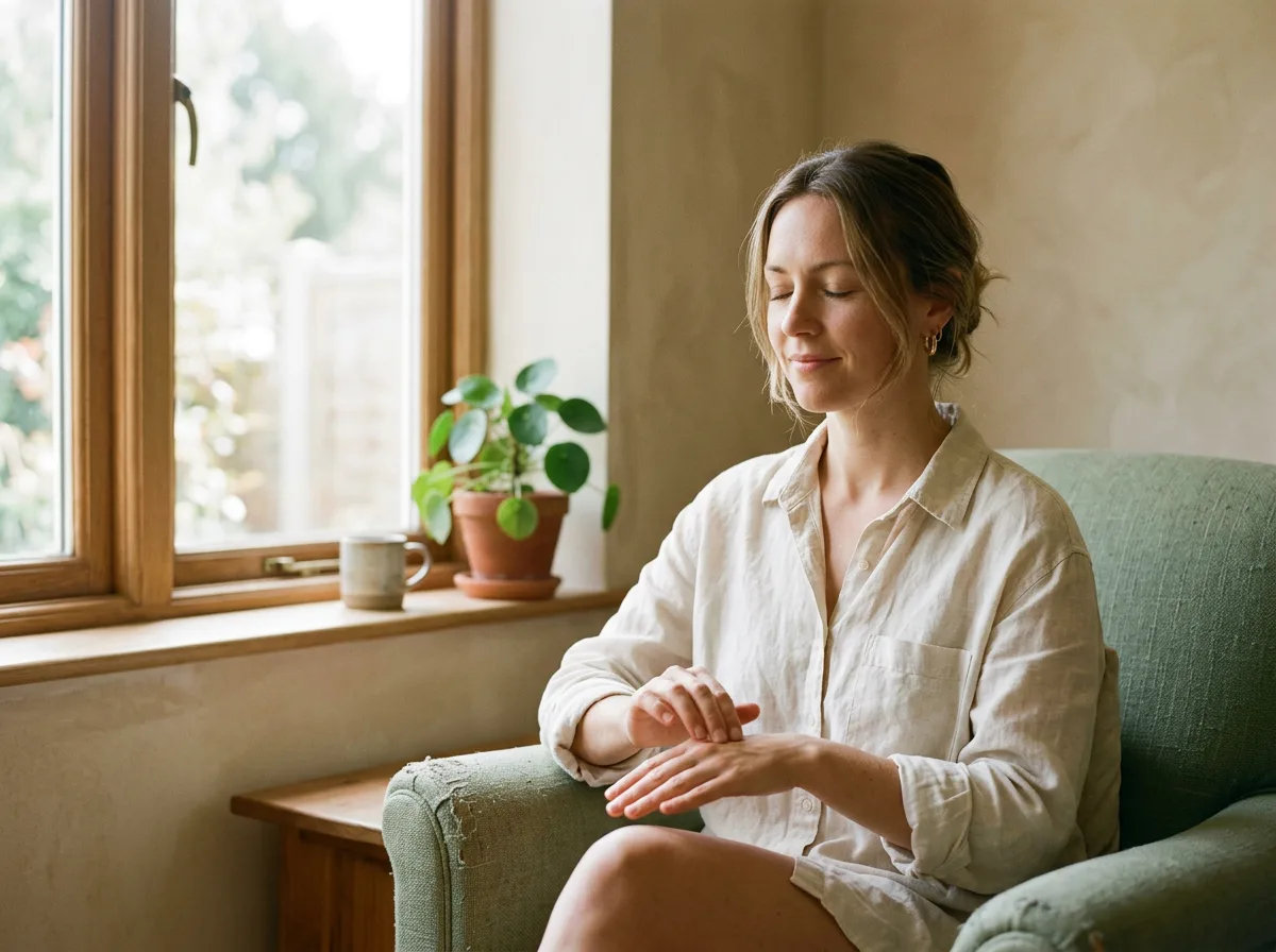 A woman seated by a window, gently tapping the back of her hand