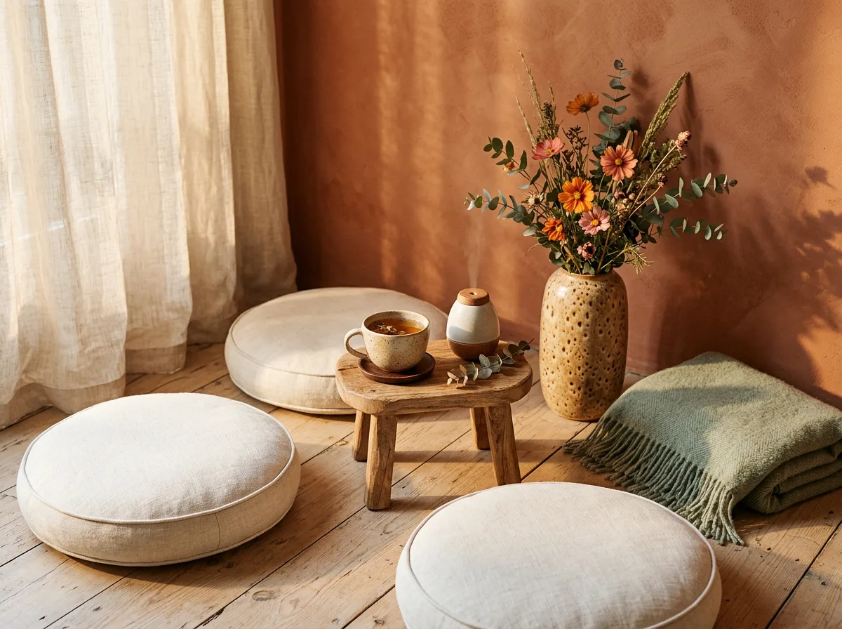 Cream floor cushions arranged in a circle on a wooden floor, with a clay cup of tea and dried cosmos in a ceramic vase.