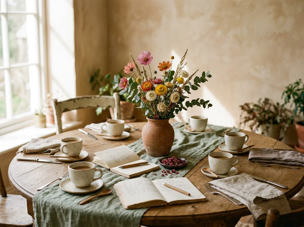 A round wooden table set with five cream ceramic cups, open notebooks, and a bouquet of dried cosmos and eucalyptus.