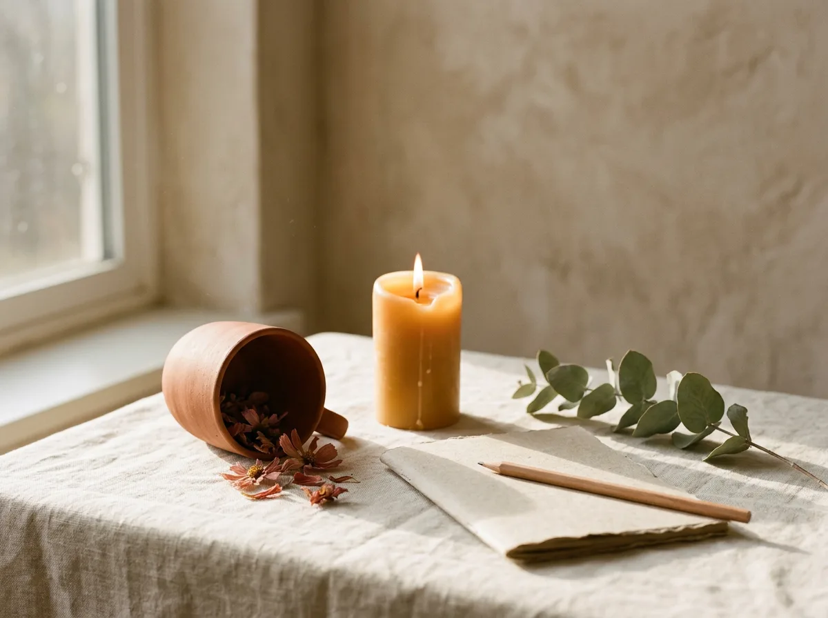 A lit beeswax candle, a closed notebook with a pencil, and an empty clay cup with dried petals spilling out on a linen surface.