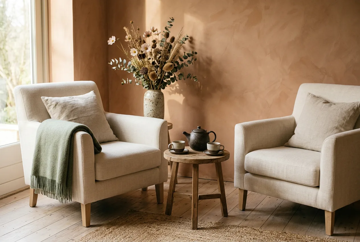 Two cream linen armchairs angled toward each other beside a small table with a clay teapot and cups.