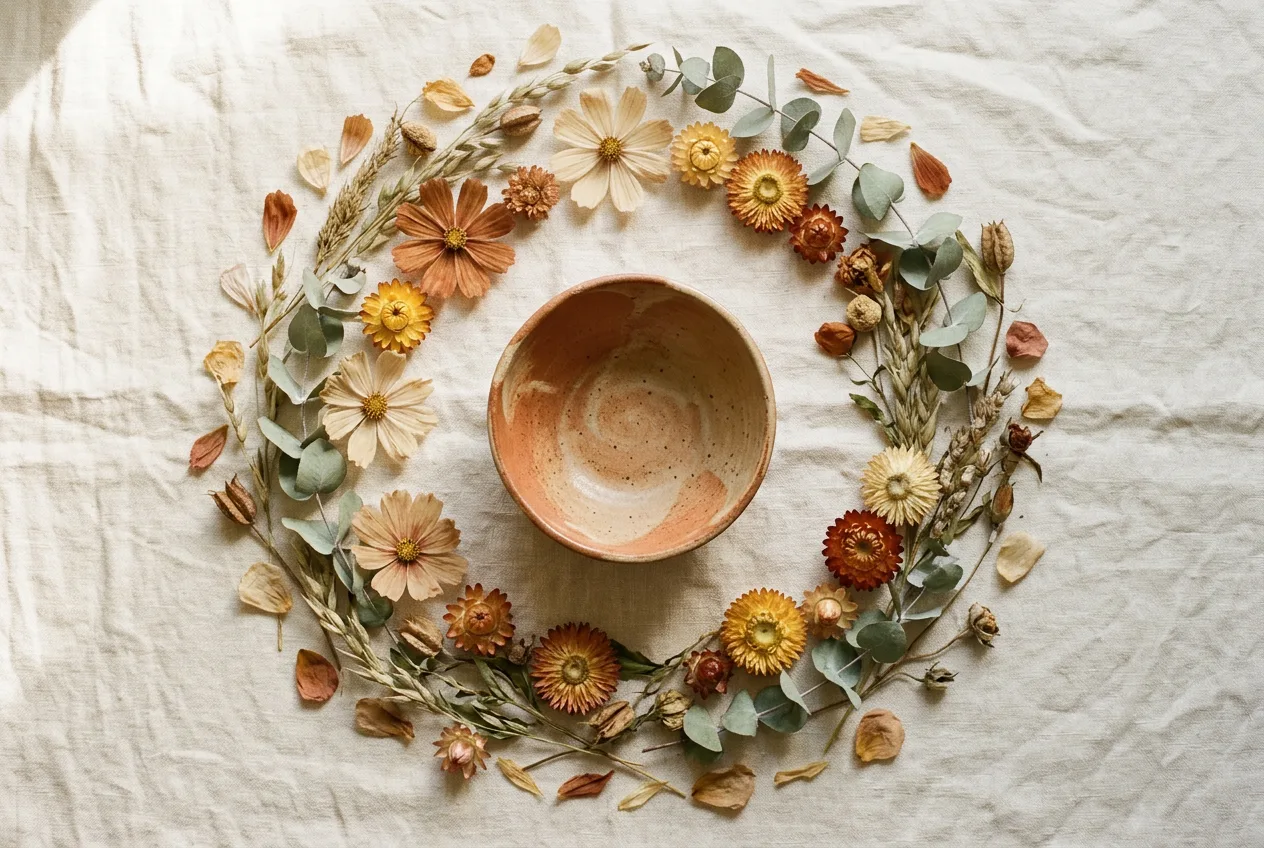 An overhead view of dried flowers arranged in a circle on linen with a clay bowl at the centre.