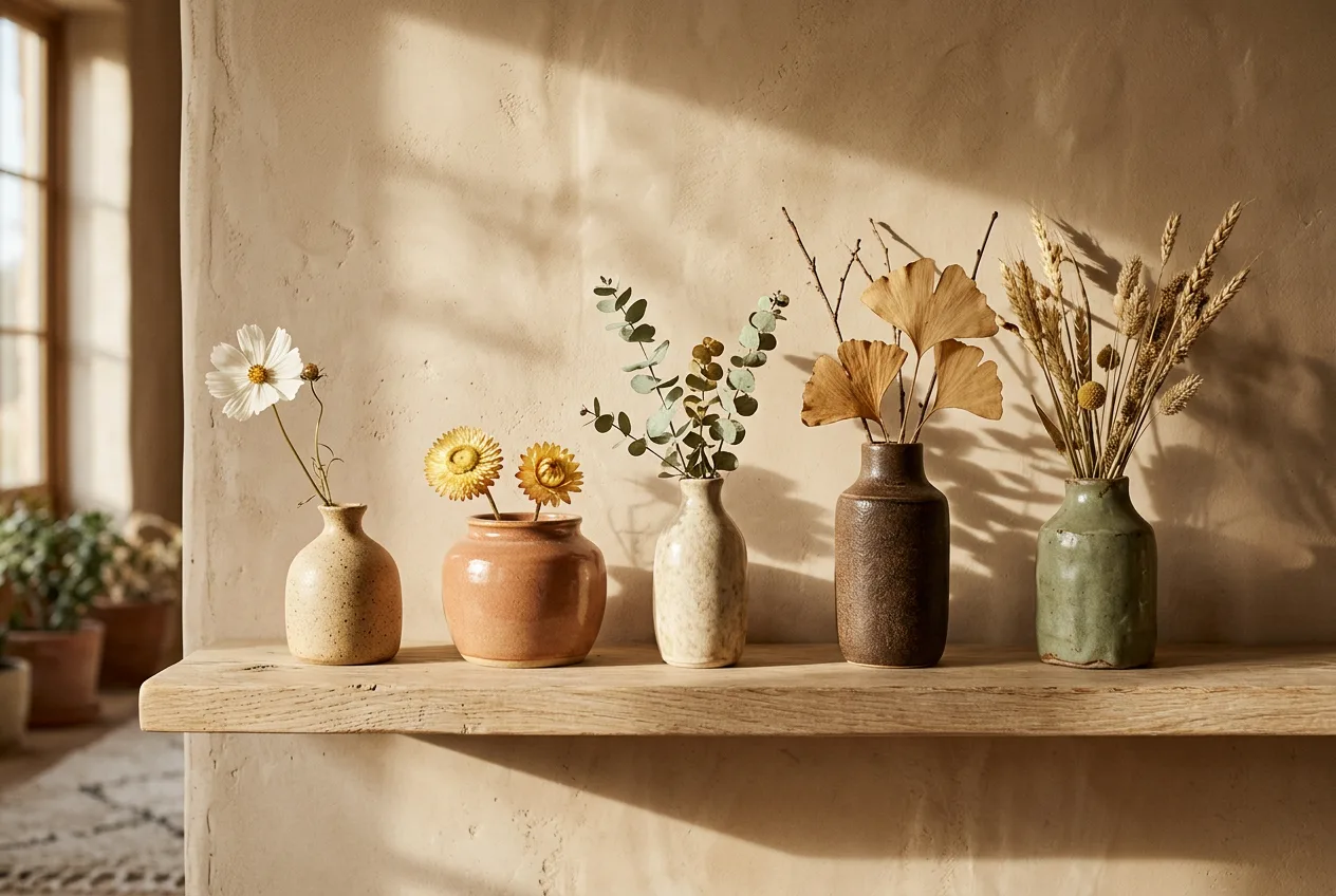 Five handmade ceramic vases in a row on a wooden shelf, each holding a single dried bloom.