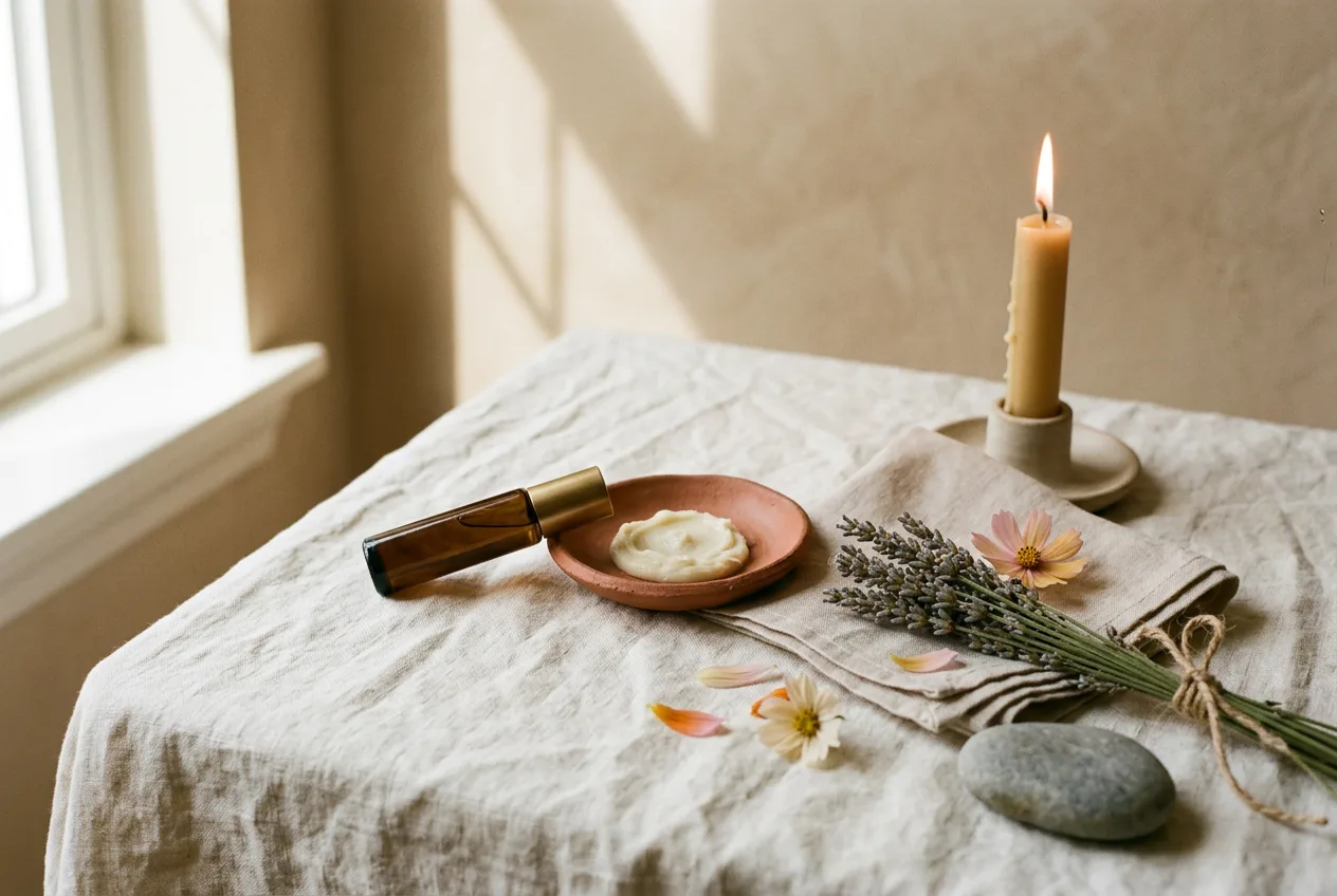 An amber roller bottle, a clay dish of balm, dried lavender, and a lit beeswax taper on cream linen.