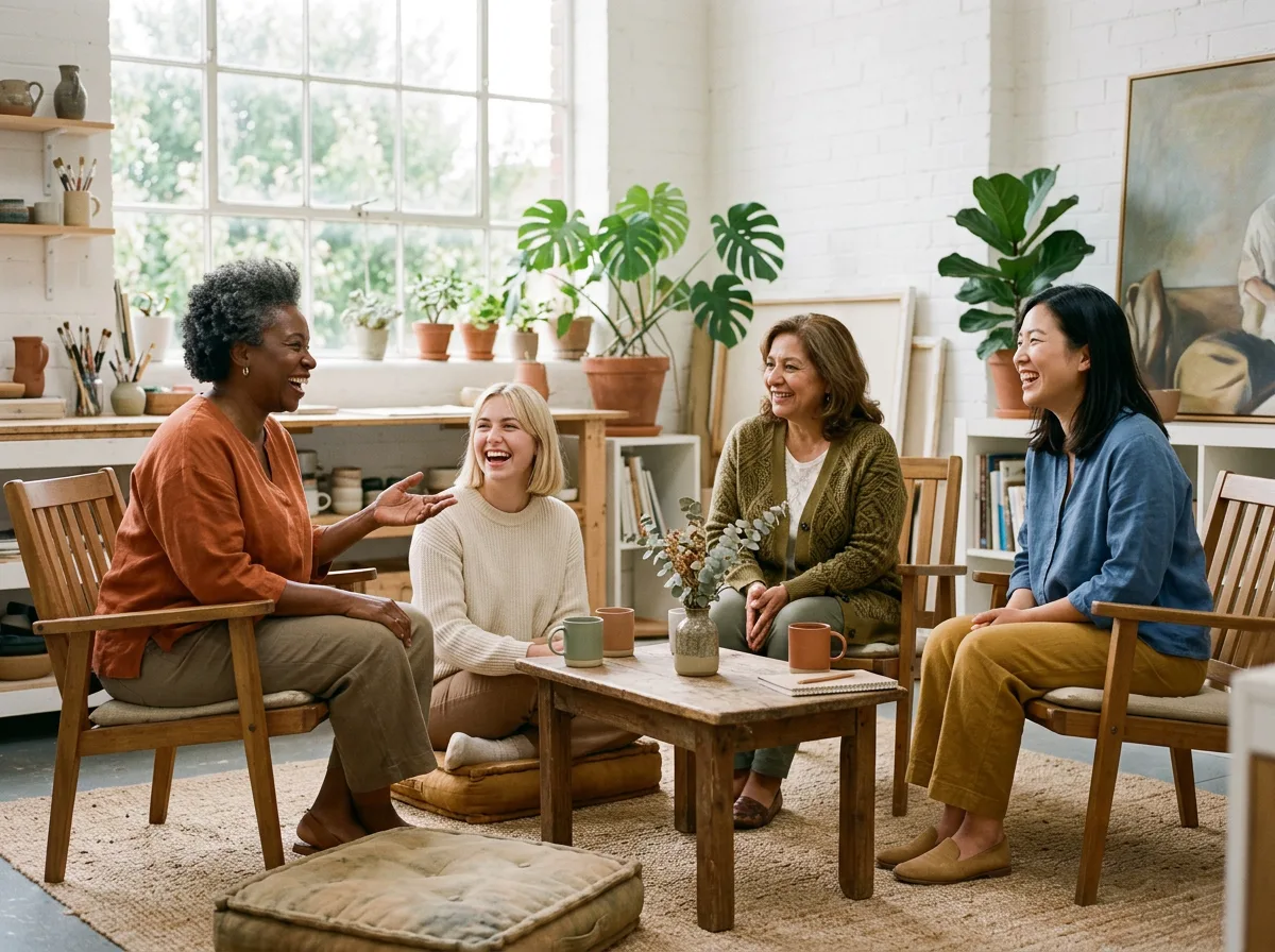 Four women sitting together in a circle, laughing in a bright studio